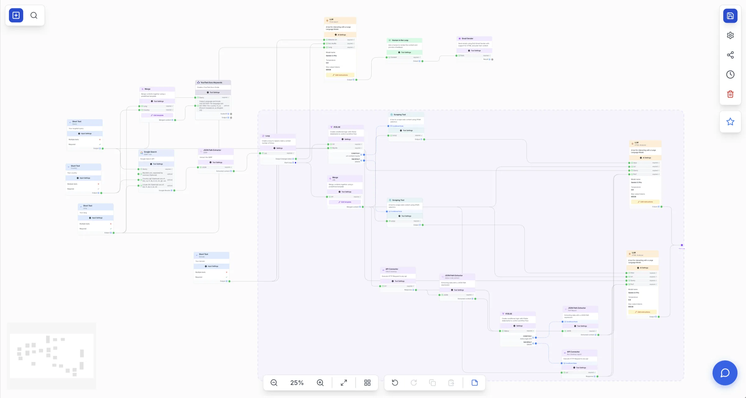 The Studio builder — drag nodes from the library, connect output → input, run.